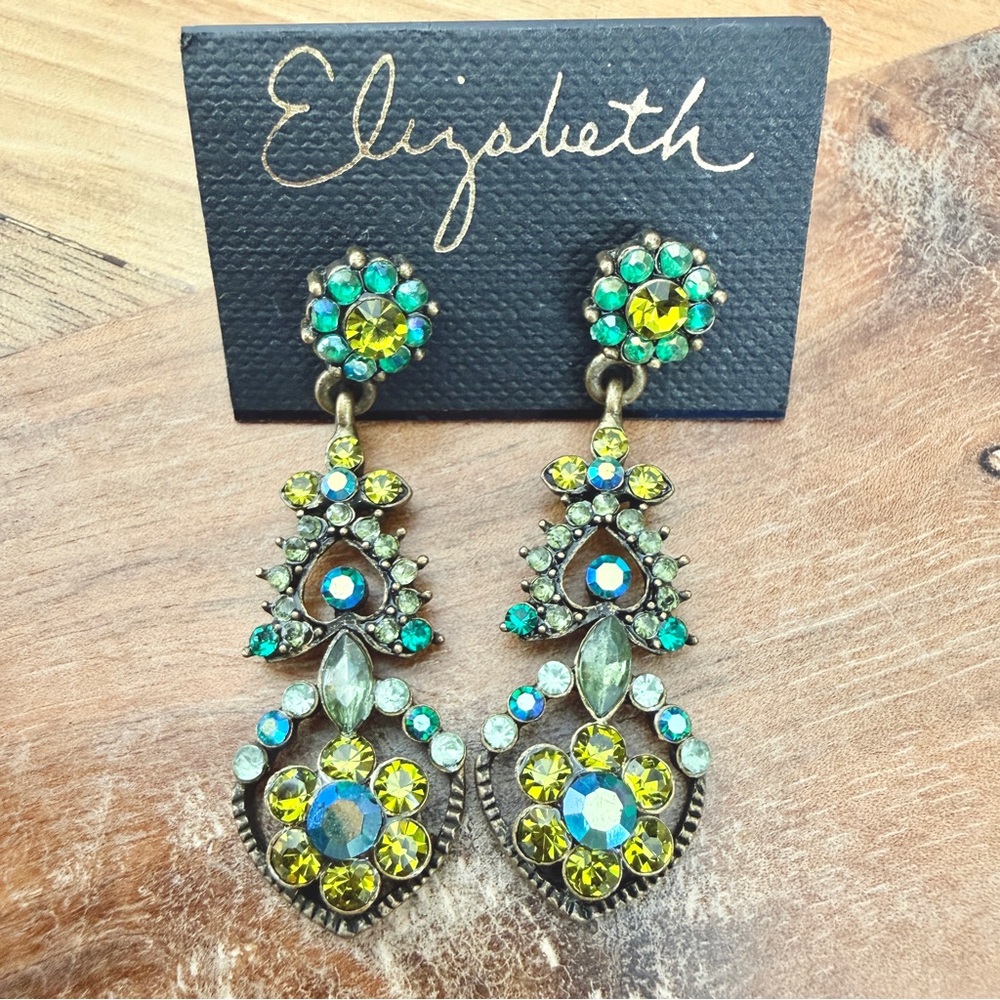 Elizabeth Y2K Green Rhinestone Floral Dangle Earrings Fairycore
